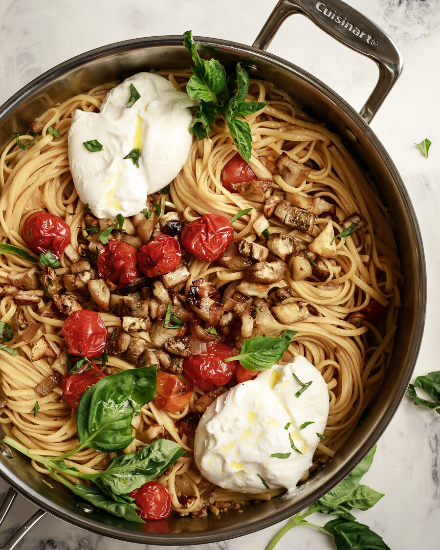 White Wine Pasta with Caramelized Onions, Roasted Eggplant and Blistered Tomatoes